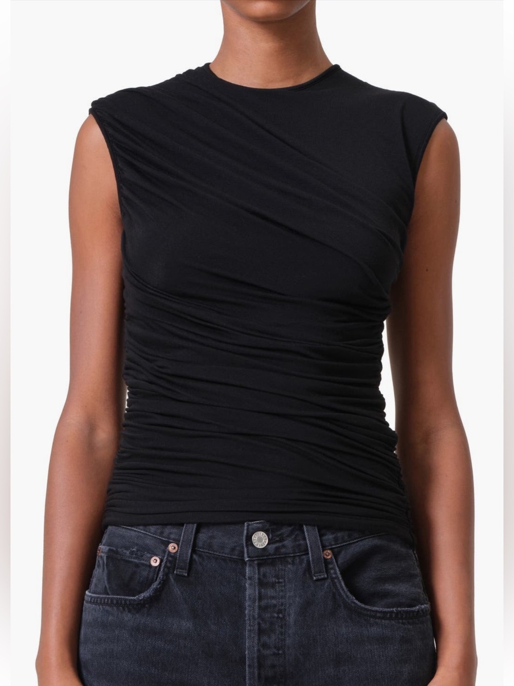 AGOLDE Ester Rib Ruched Tank Black S Tencel Asymmetric Draped Top